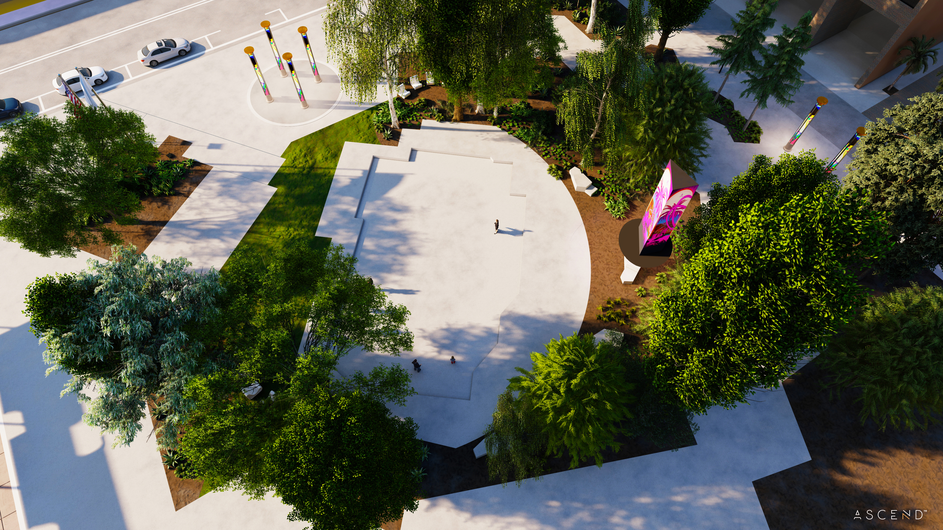 SITE:1023 aerial rendering showing Heritage Square park layout with LED installations