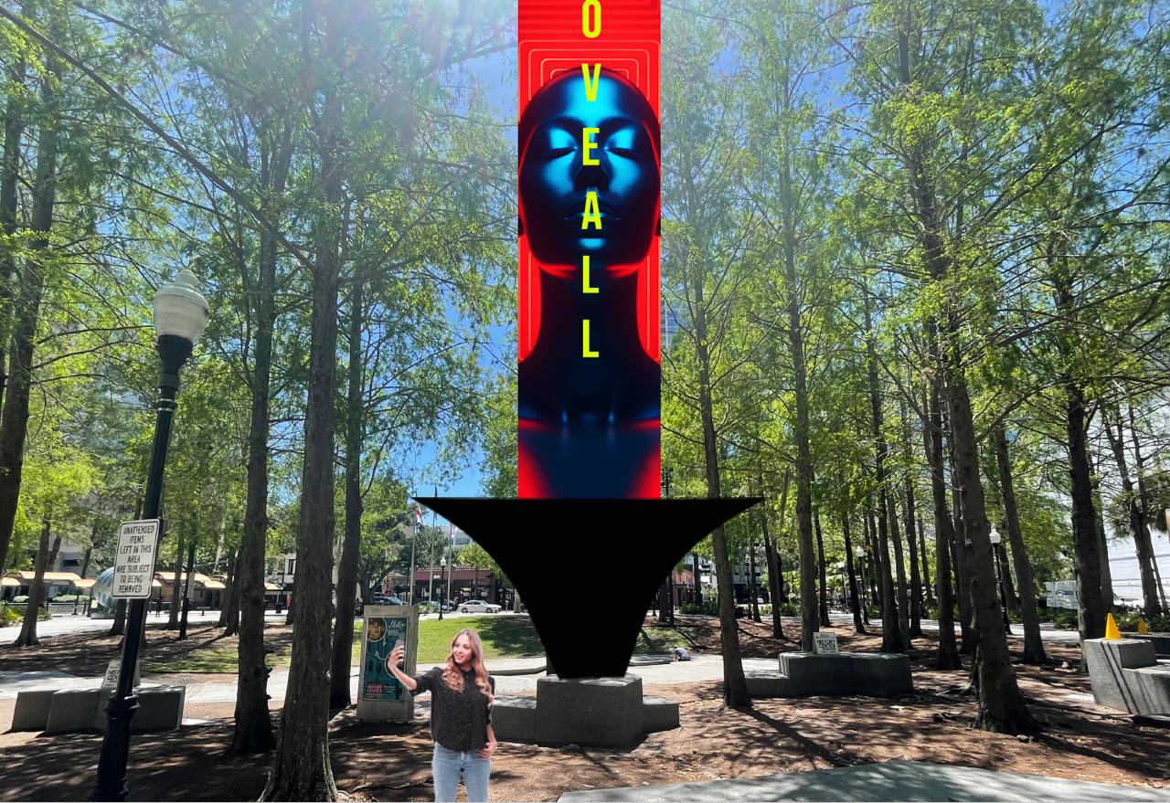 SITE:1023 LED art tower rendering with Love All artwork displayed at night