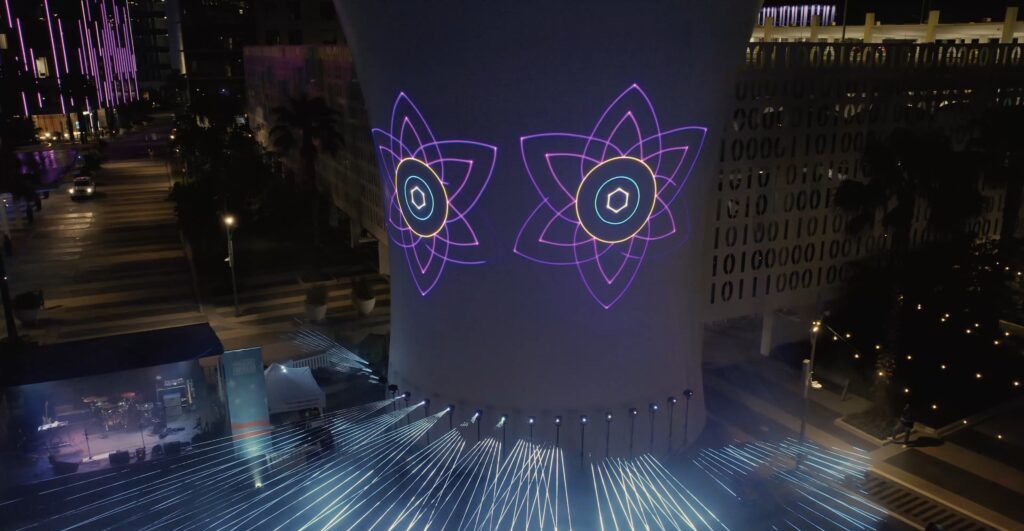 Spirograph flower patterns projected onto the Beacon with beam spreaders
