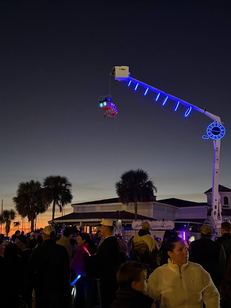 Shrimpy hoisted above the NYE crowd at dusk