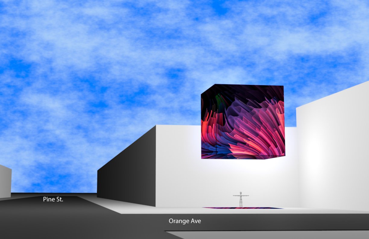 Street-level rendering of theCube hovering above the plaza with pedestrians for scale