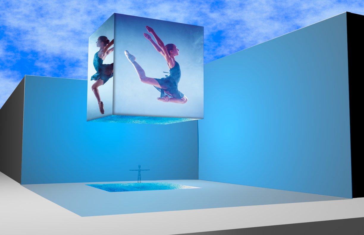 theCube displaying ballet dancer from Dr. Phillips Center with blue light wash on surrounding walls