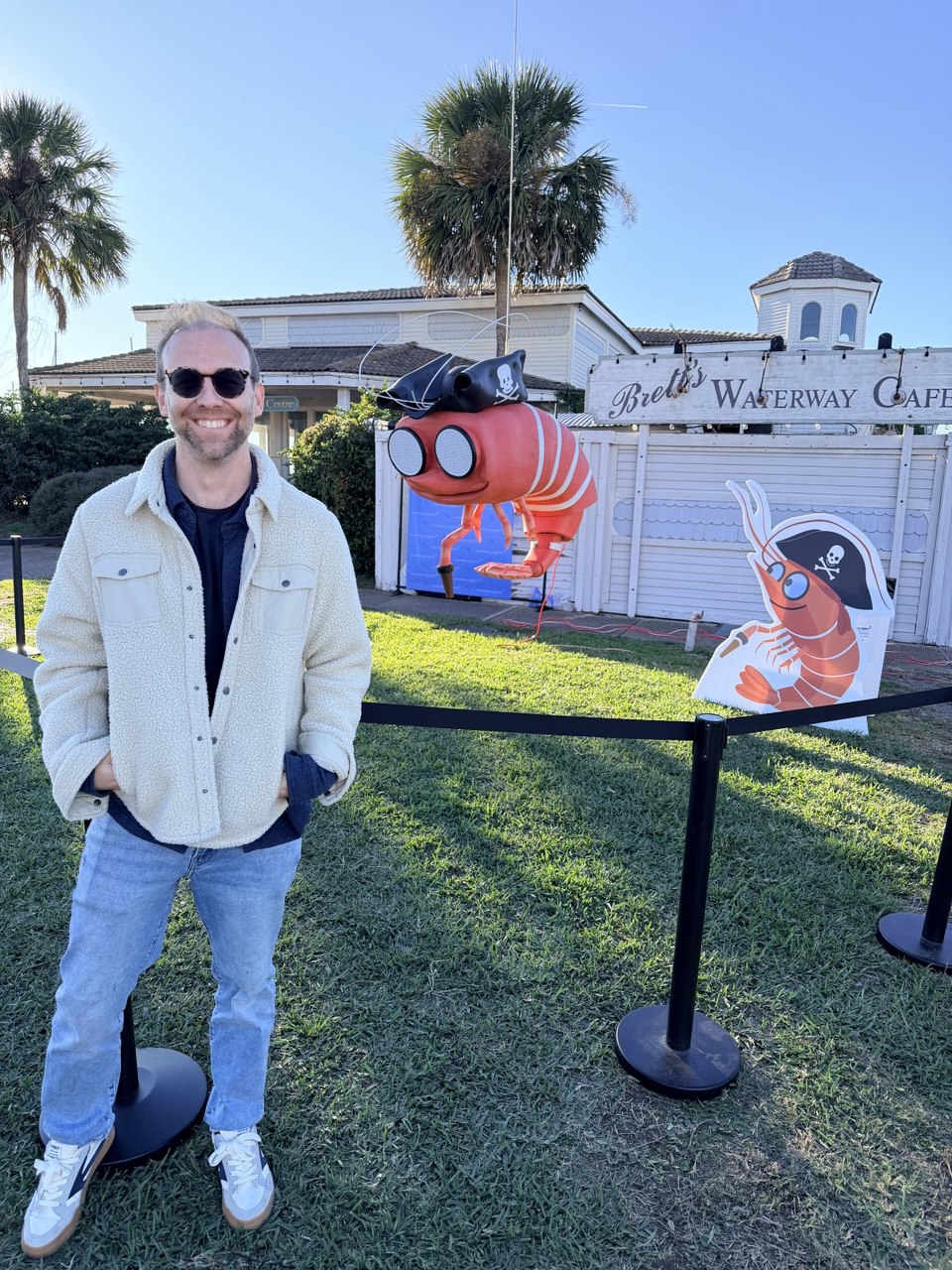Josh Almeida, Orlando light artist, with Shrimpy the LED pirate shrimp at Universal Orlando