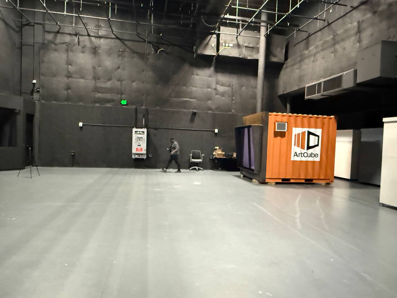 Wide studio shot of ArtCube showing full scale of the portable gallery installation