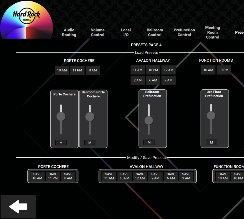 Q-SYS touch panel control interface at Hard Rock Hotel