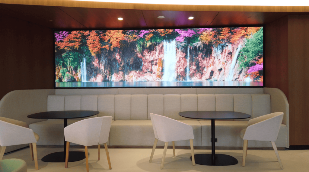 Mitsubishi Corporation LED video wall displaying waterfall content