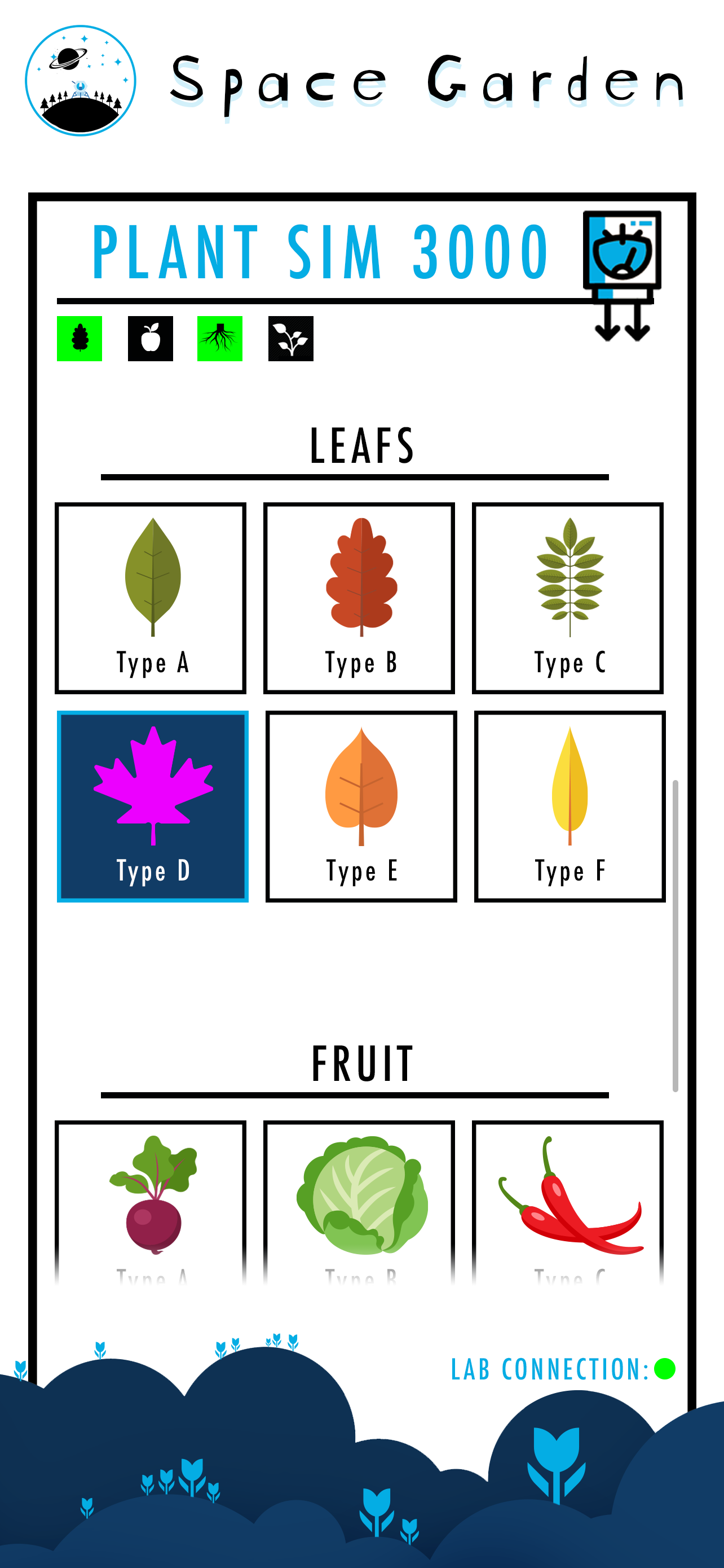 Plant Sim 3000 — leaf and fruit selection interface